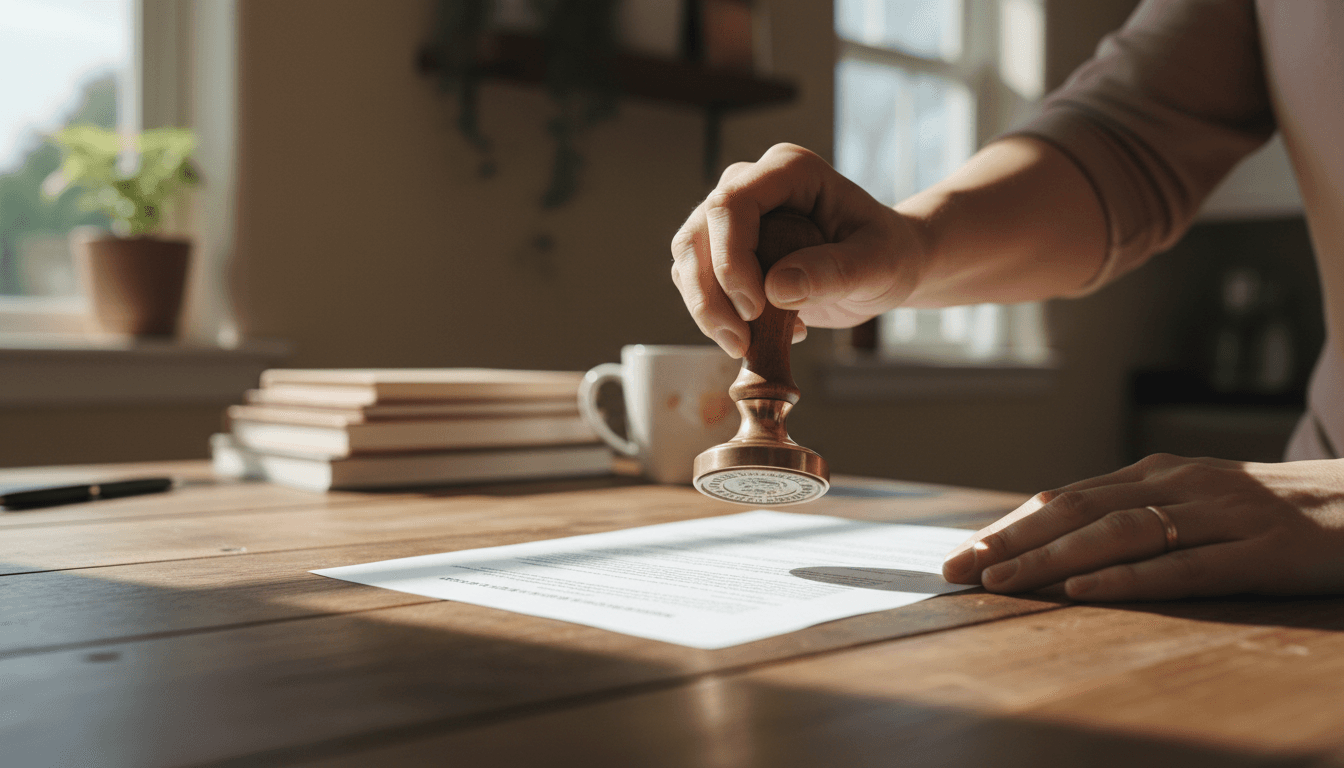 Notary stamping a document at a home table